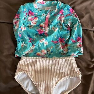 Ruffle Butts Floral Aqua and Pink Kids Swim Rashguard